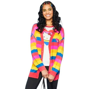 ModCloth x Hello Kitty | Nostalgic Candy Heart Buttons Rainbow V-Neck Cardigan L
